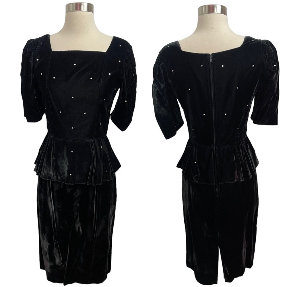 Vintage 80’s Velvet Peplum Little Black Dress With Rhinestone Details Size 7/8